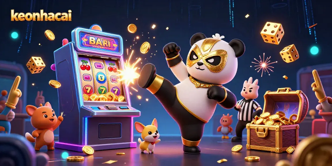 Experience the excitement of keonhacai with a lively panda wrestler and casino symbols in action.