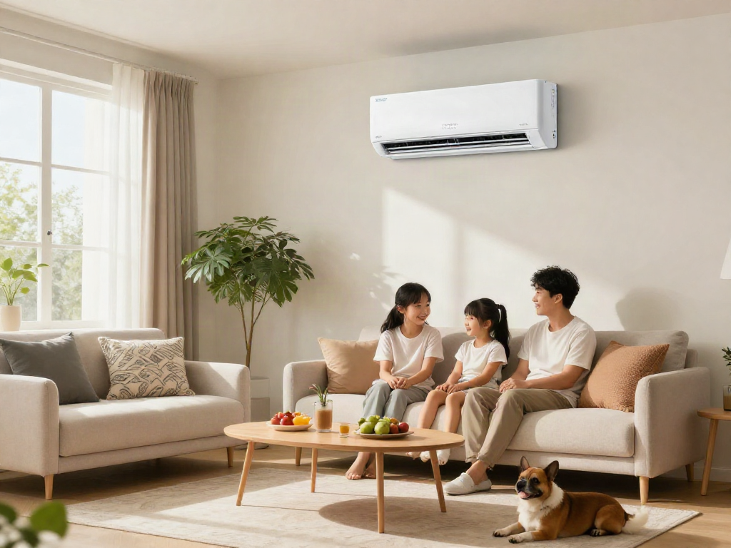 Modern living room with a 24000 BTU mini split air conditioner, showcasing family comfort and stylish design.