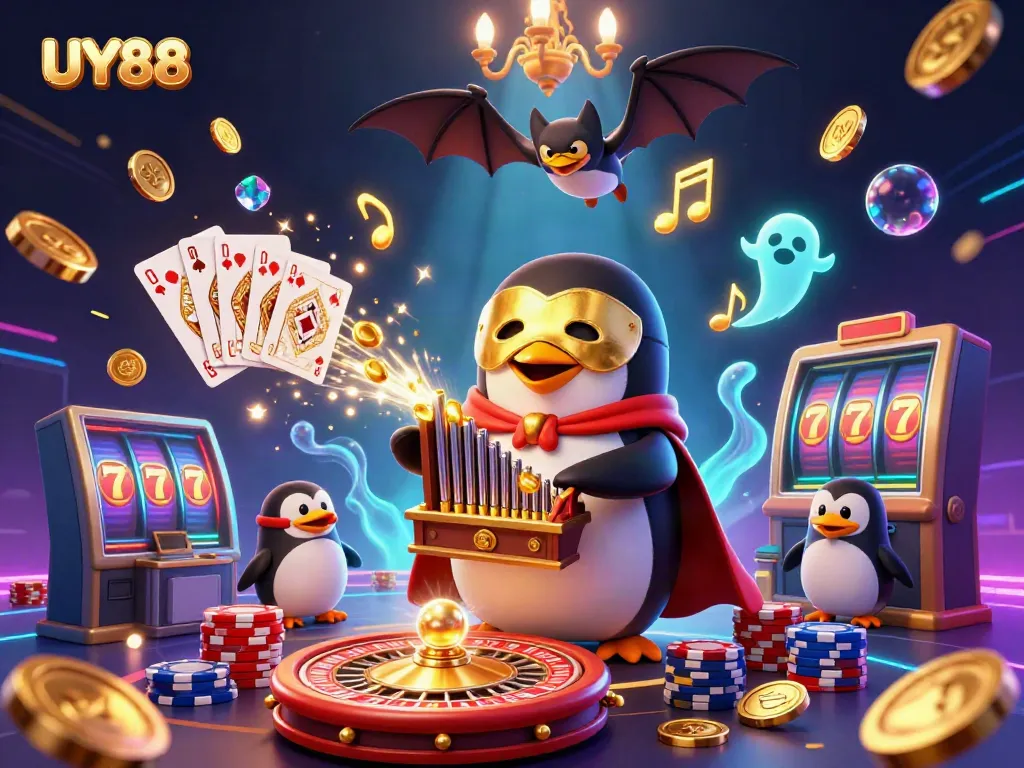 Experience unmatched gaming excitement with UY88's vibrant casino atmosphere featuring a cartoon penguin and gold elements.