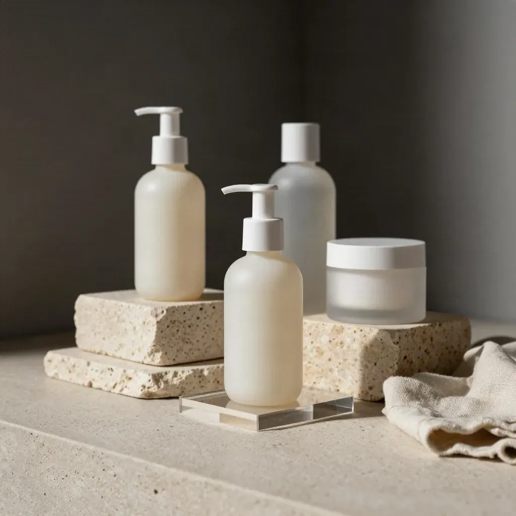 Skincare bottles and jars on stone blocks with a cloth in dramatic studio light.