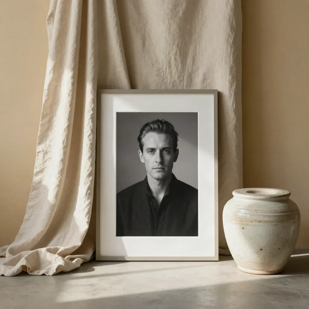 Framed portrait print, linen drape, backdrop roll, and ceramic stool in a bright studio corner.