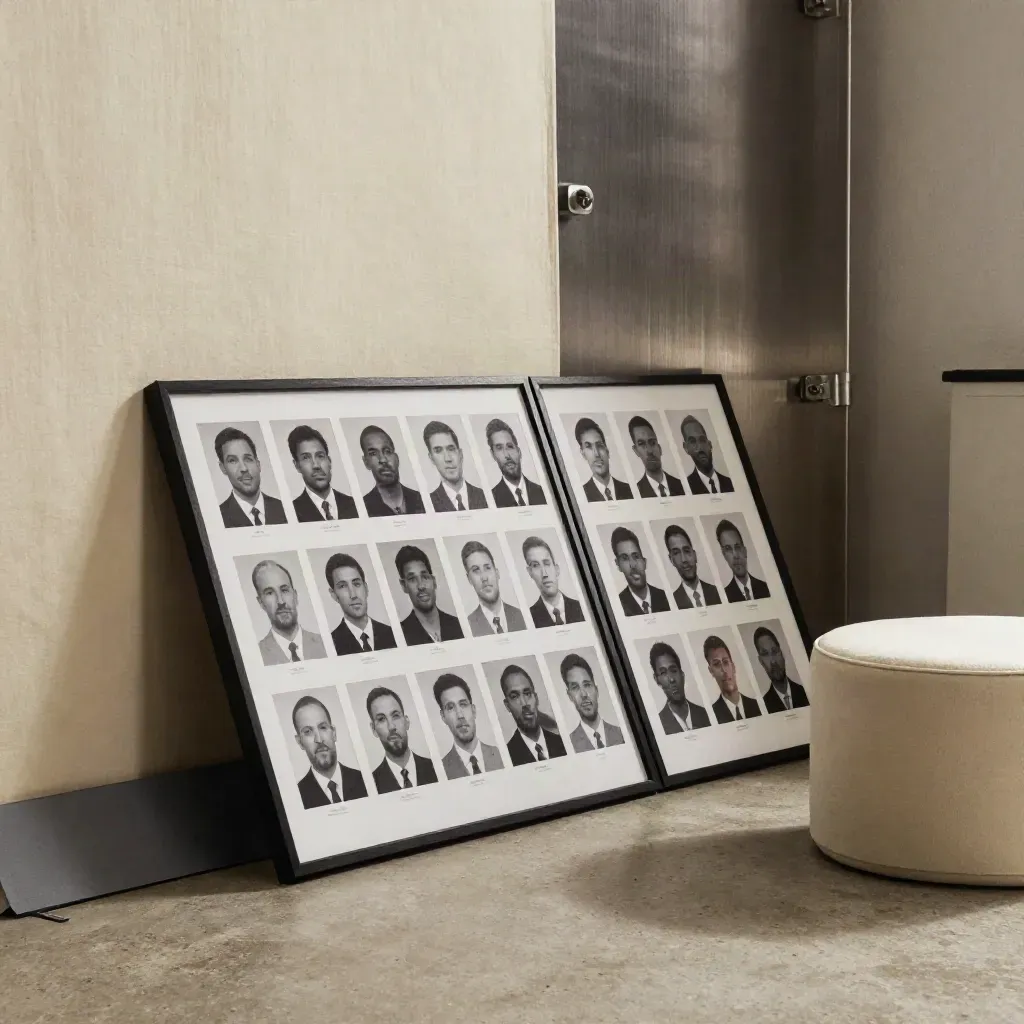 Grid of framed headshot proofs beside a backdrop stand and empty studio stool.