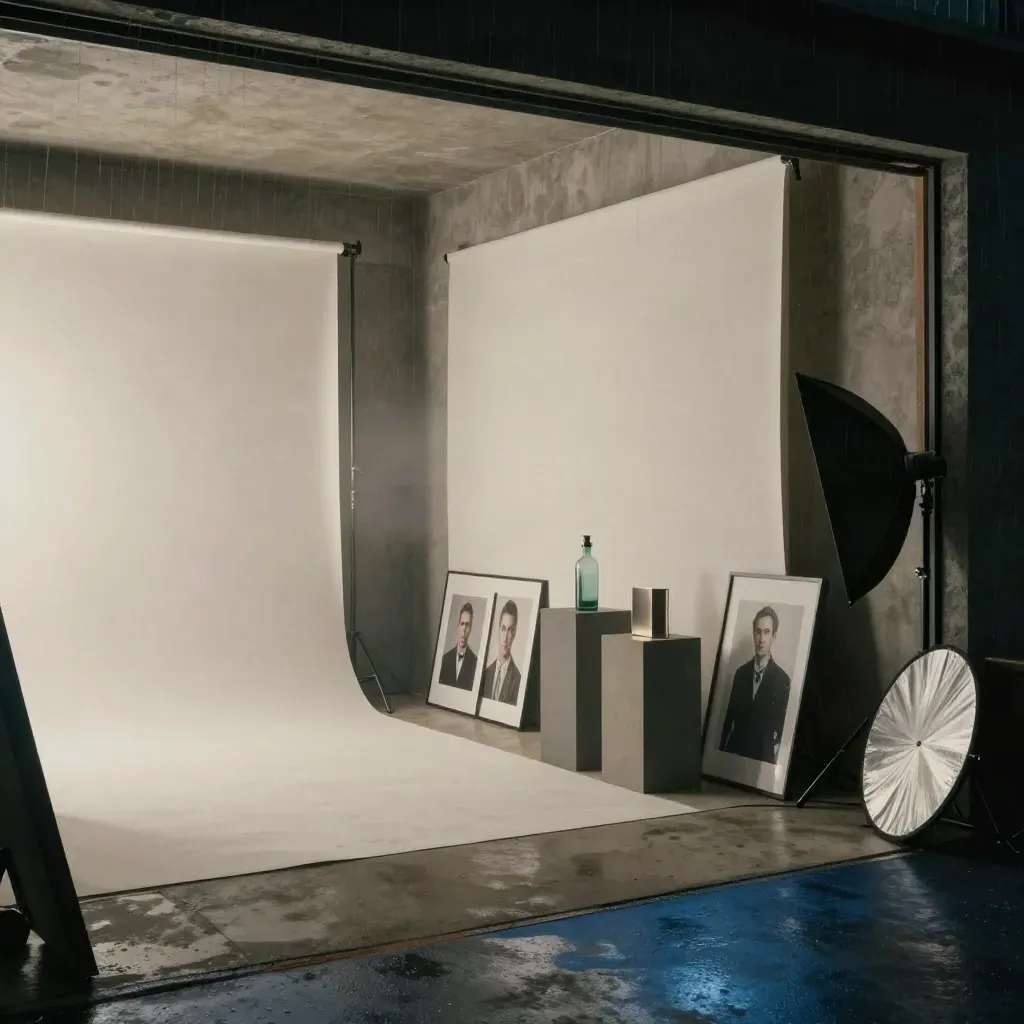 Rain-lit Close Up studio with backdrops, portrait prints, pedestals and humid threshold glow.