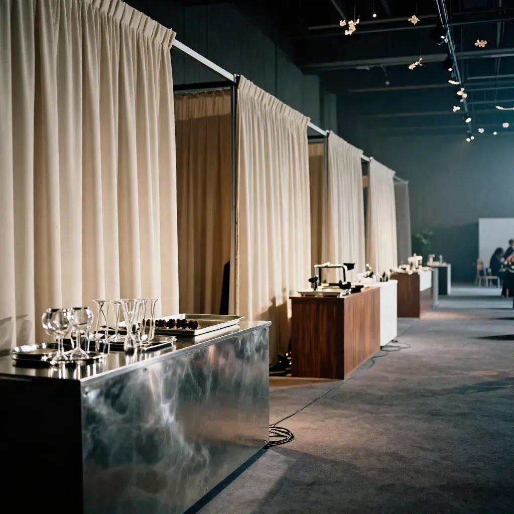 Empty event booth with uplights, settling fabric, polished drink stations, and a clean stage edge.