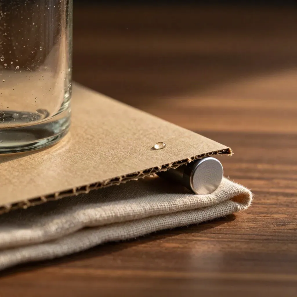 Macro of embossed paperboard, linen, condensation on glass, and a brushed-metal cap on walnut.