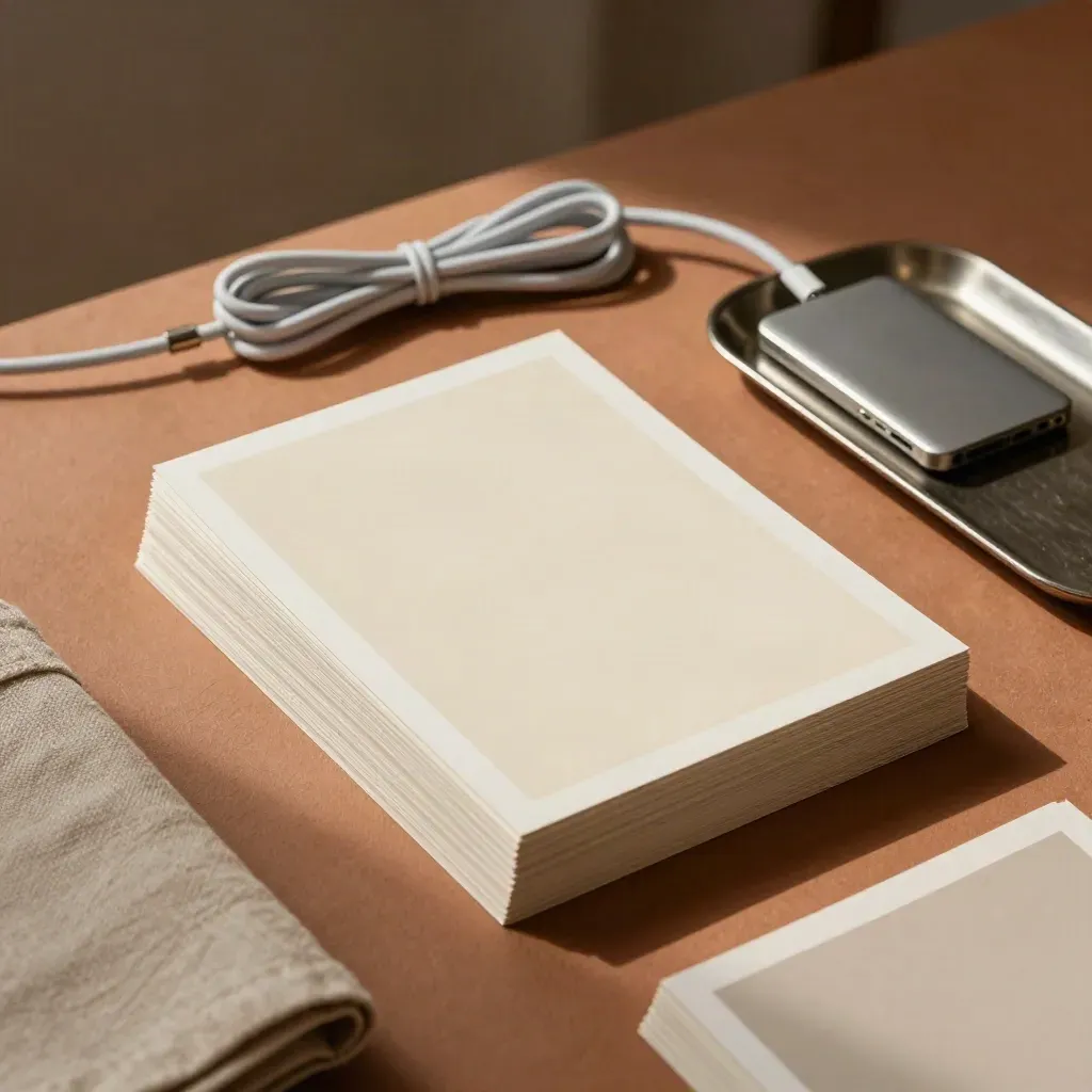 Top-down proof cards, SSD, and coiled cable on a terracotta slab in warm studio light.