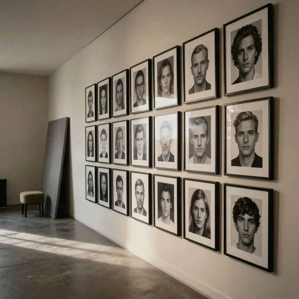 Corridor with a wall of framed black-and-white headshots, gray backdrop, and empty stool