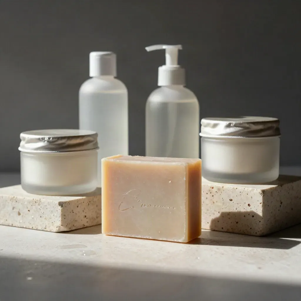 Soap bars, frosted bottles, and cream jars arranged on travertine blocks under dramatic light.