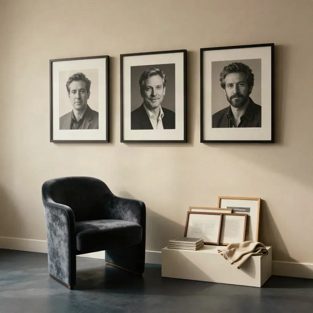 Slate velvet chair beside framed founder portrait prints in a serene launch studio corner