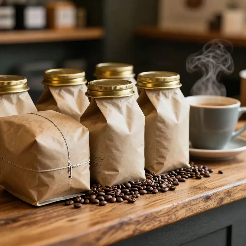 Coffee bags, foil tins, beans, and a steaming cup in warm macro light.