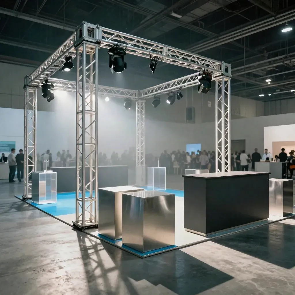 Low-angle trade show booth skeleton in haze, empty aisle, truss lights and display cubes.