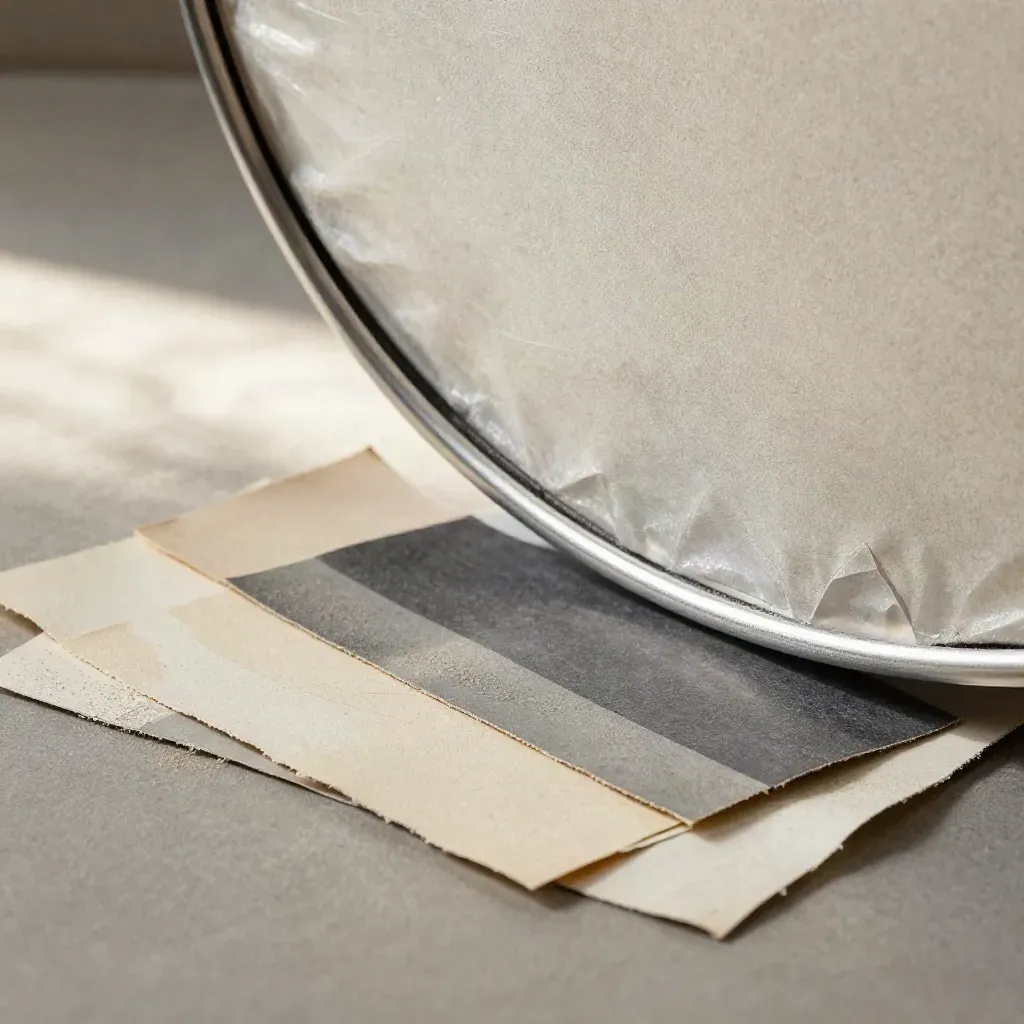 Macro still life of reflectors, foam-core flags, and swatches on travertine with raking daylight.
