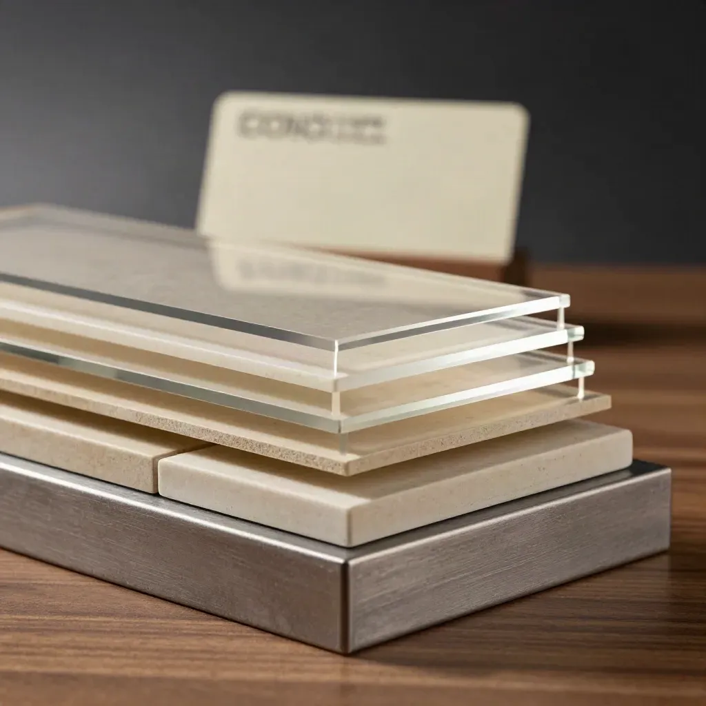 Stacked acrylic risers and ceramic tiles on a brushed-metal base in dramatic studio light