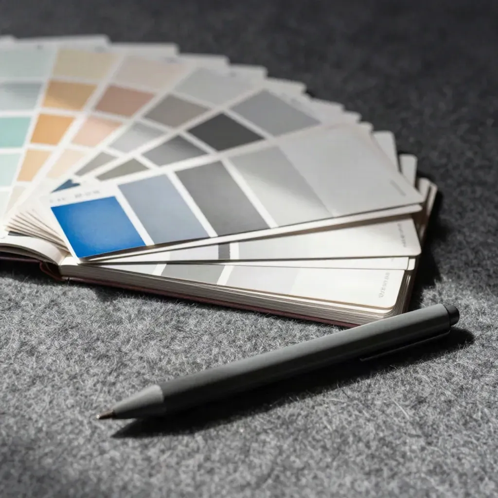 Top-down color swatches, glossy proof cards, and a graphite stylus on gray cloth.