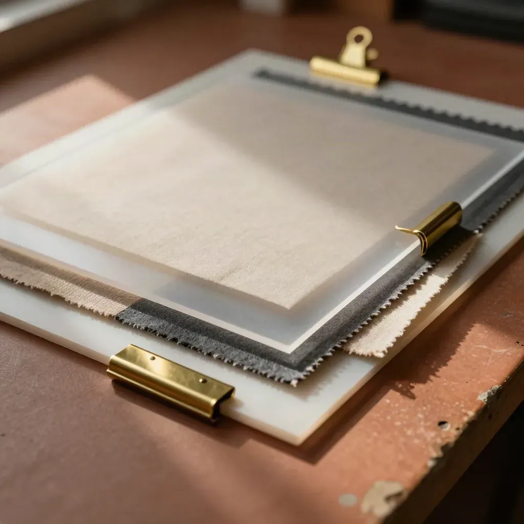 Layered mood boards, acetate sheets, fabric swatches, and brass clips on a terracotta worktable.
