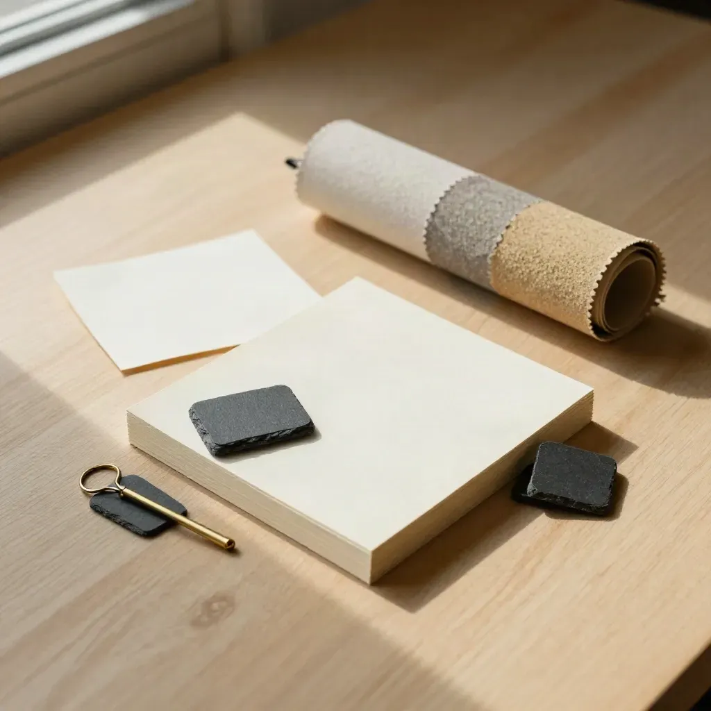 Studio planning still life with note cards, color chips, brass clip, and backdrop sample on pale wood.
