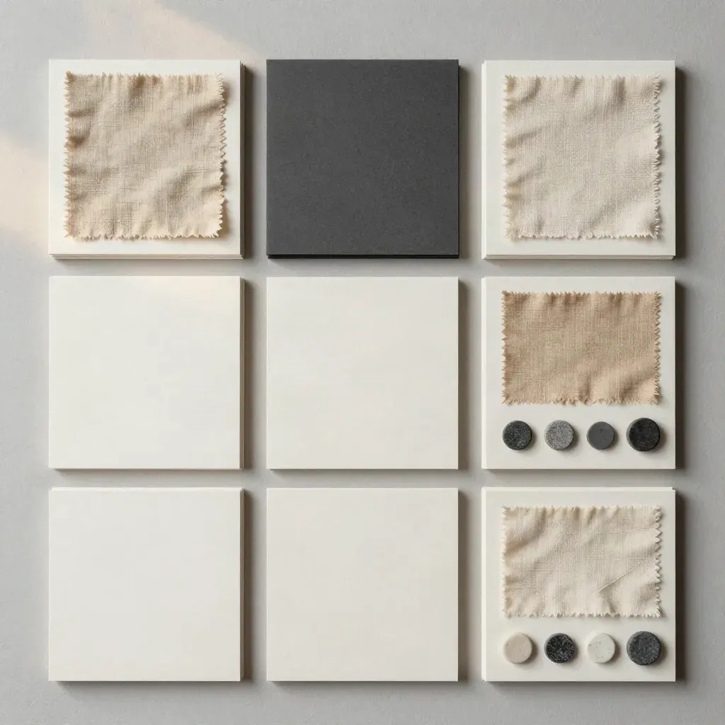 Overhead brief cards, fabric swatches, and prop chips arranged on a plaster surface.