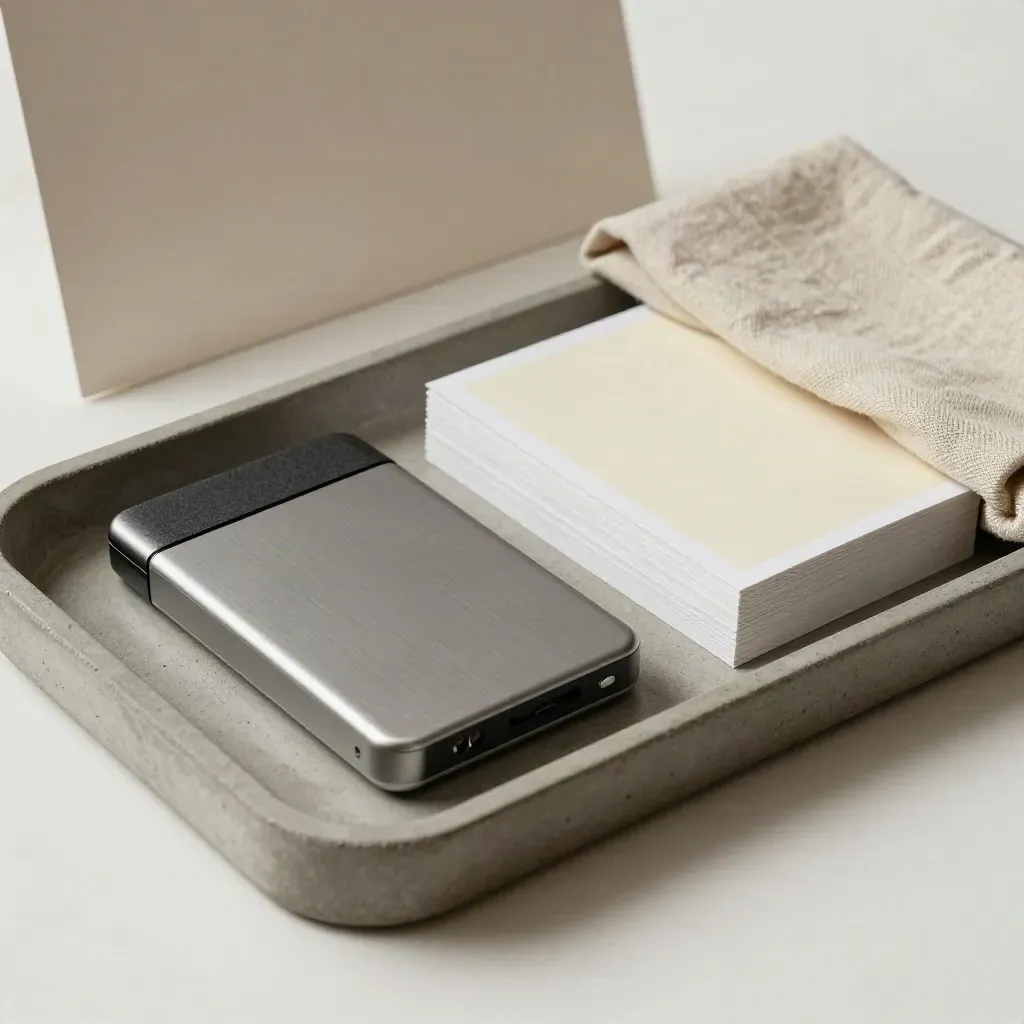 Courier sleeve, SSD and proof print stack on a concrete tray with linen cloth
