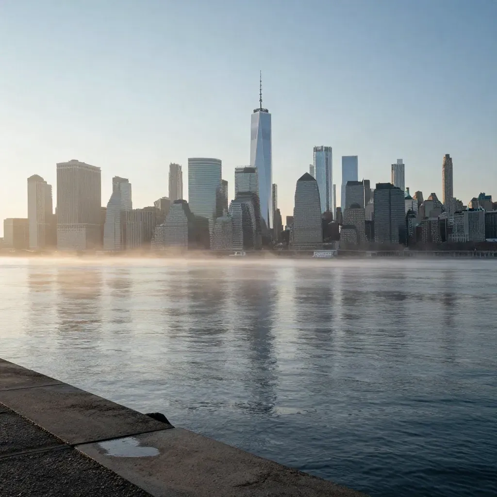 Hazy Manhattan skyline from Brooklyn waterfront at blue hour, East River calm below.