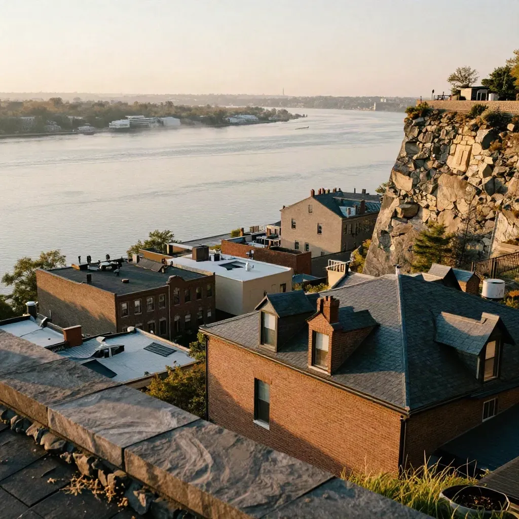 Hudson overlook over Jersey City rooftops and misty river at golden hour