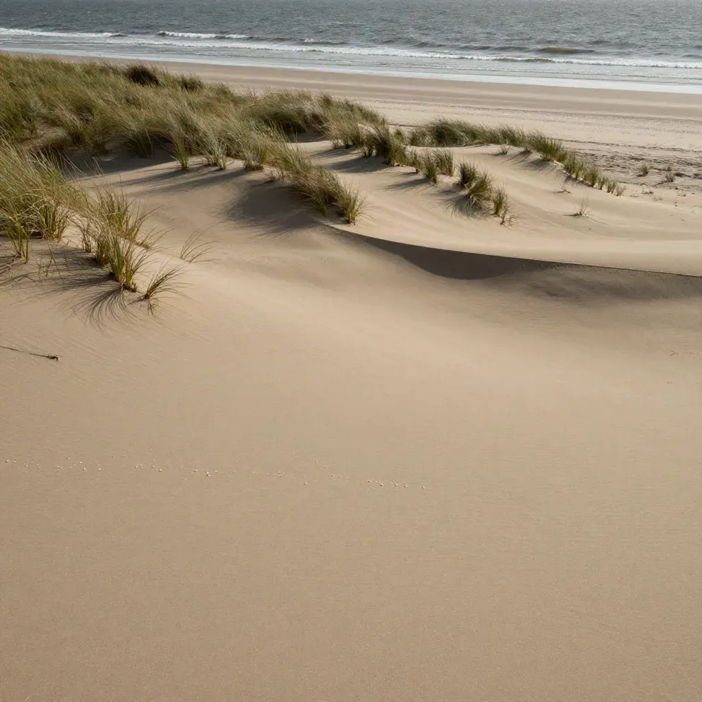 Barrier-island dunes and surf under haze, with open sand and foam for copy space.