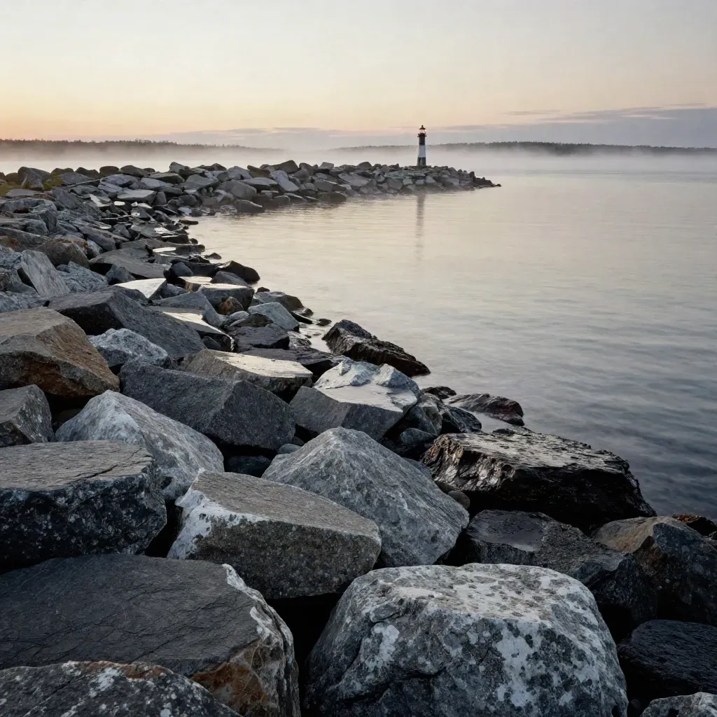 Granite jetty, harbor mouth, and distant lighthouse over misty calm water at dusk.