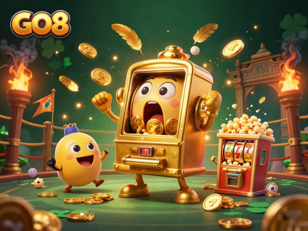 GO8 celebrates a jackpot with a golden slot machine in a vibrant casino scene.