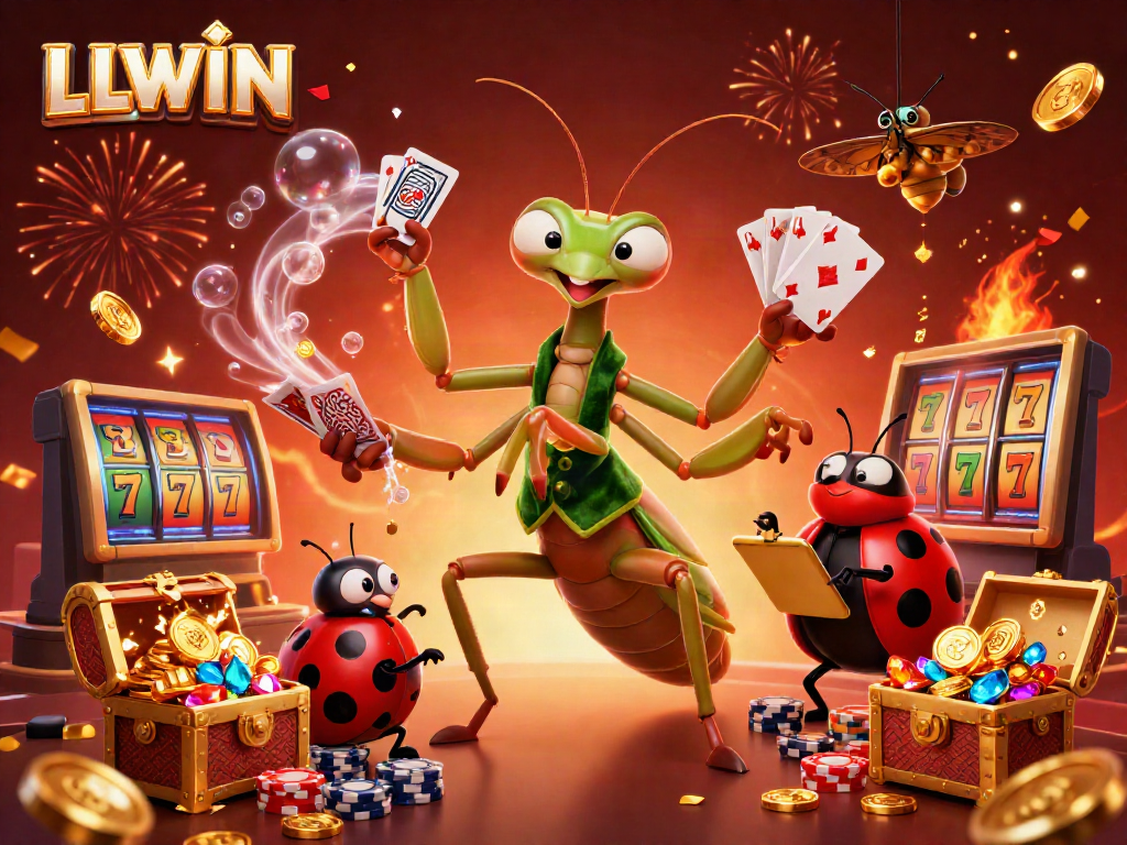 LLWIN showcases a giant mantis card sharp and ladybug pit boss amidst vibrant casino elements.