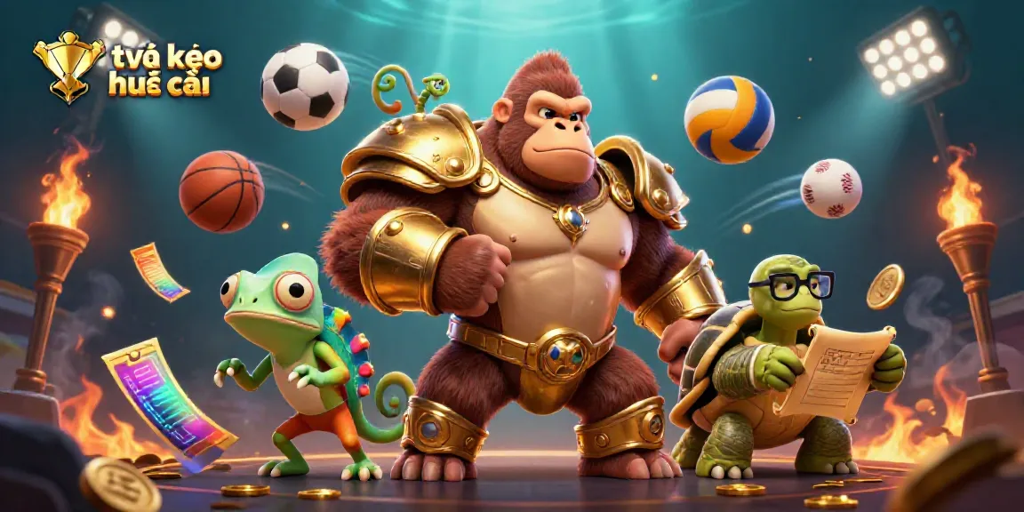 Experience the thrilling world of tỷ lệ kèo nhà cái with a dynamic scene featuring sports balls, a gorilla king, and vibrant color effects.