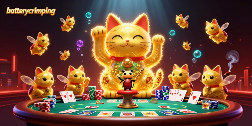 Engage with batterycrimping tools while experiencing a vibrant casino scene with a lucky cat.