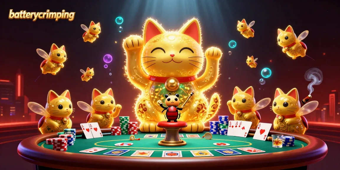 Engage with batterycrimping tools while experiencing a vibrant casino scene with a lucky cat.
