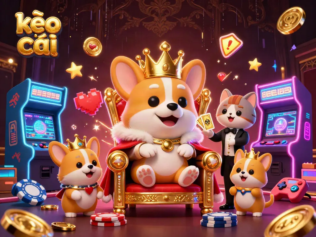 Engage with kèo nhà cái through a vibrant, dynamic casino scene featuring royal corgis and gaming elements.