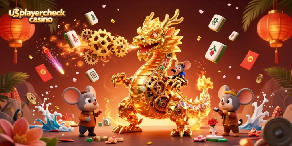 Experience the thrill of usplayercheck casino with golden dragon illustrations and vibrant gaming symbols.