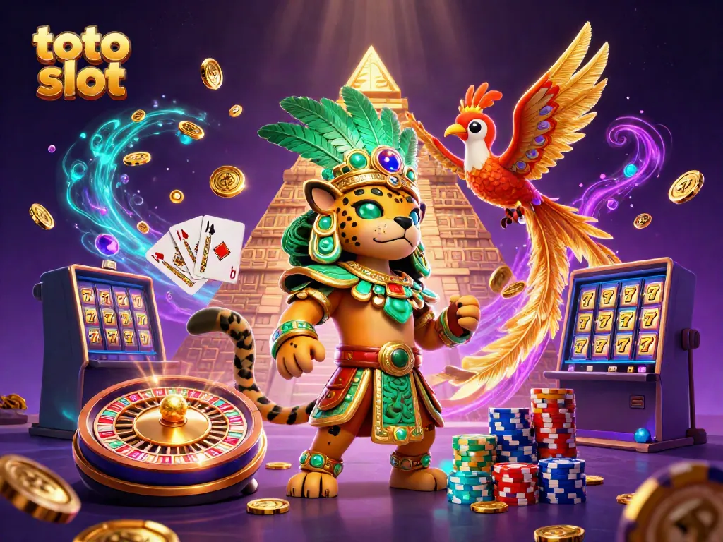 Experience thrilling toto slot gameplay with a vibrant Mayan-themed casino scene featuring exotic characters and gaming elements.