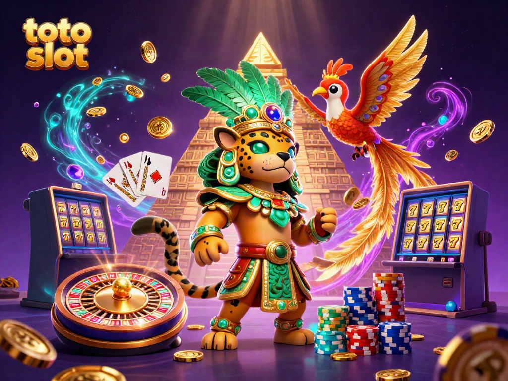 Experience thrilling toto slot gameplay with a vibrant Mayan-themed casino scene featuring exotic characters and gaming elements.