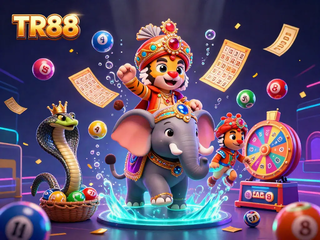 Engage with TR88's vibrant gaming scene featuring an ornate tiger, jewel-encrusted elephant, and lottery elements.