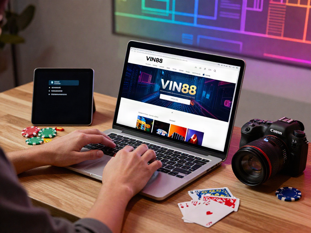 Engaging in online gaming at VIN88 with casino chips and laptop.
