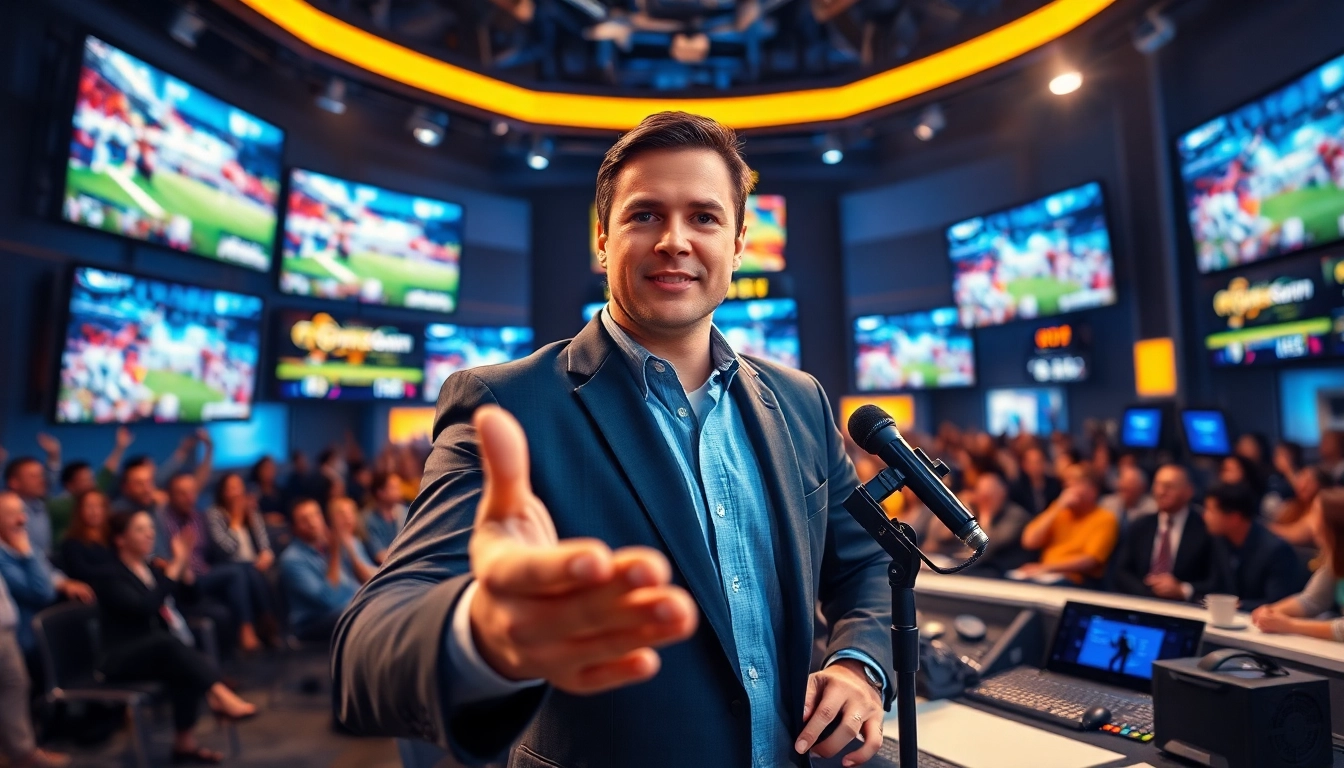 Engaging broadcast studio showcasing Sports Broadcasting with live events, vibrant lighting, and energy.