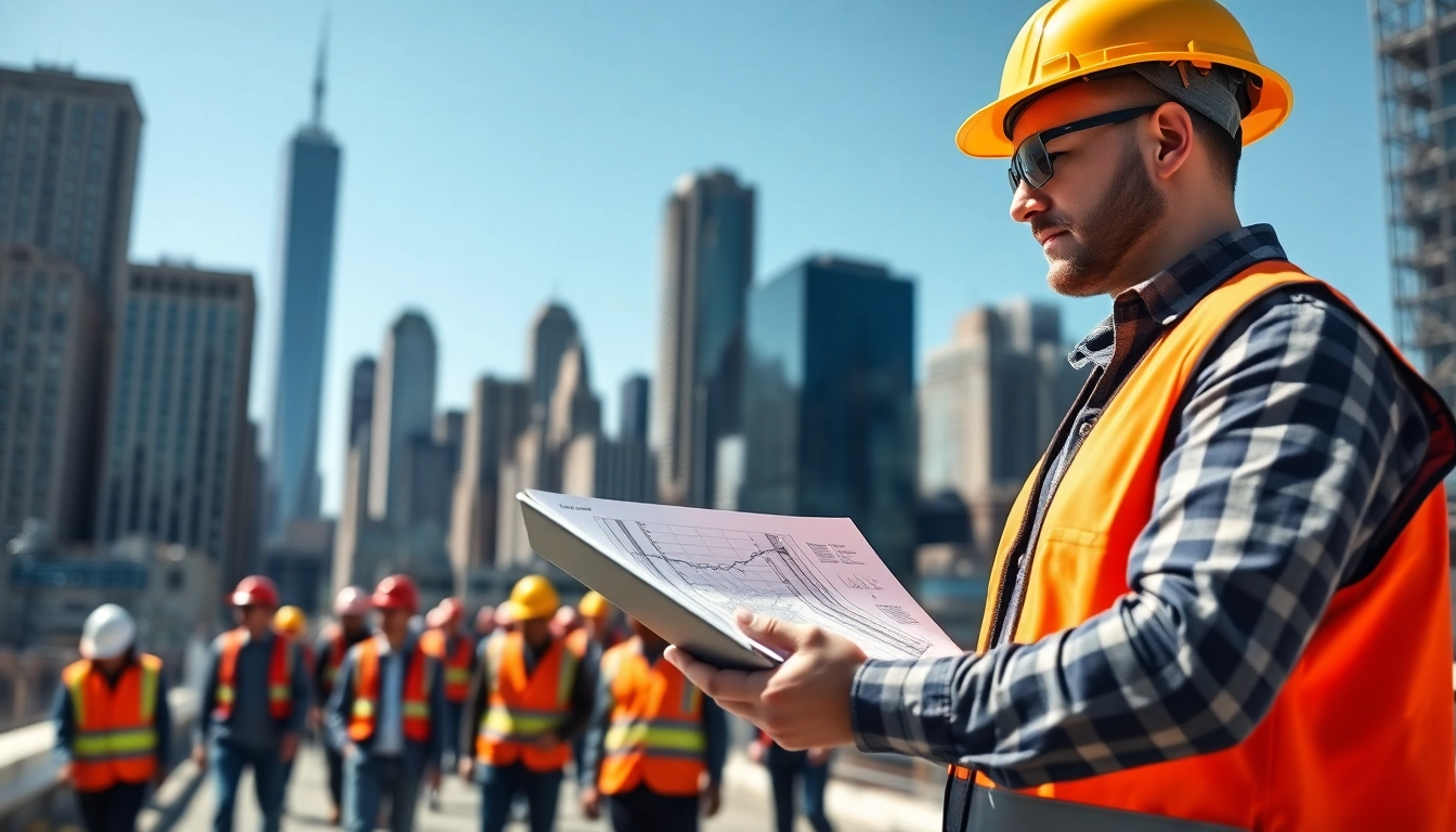 New York Construction Manager overseeing a construction project in a vibrant cityscape.