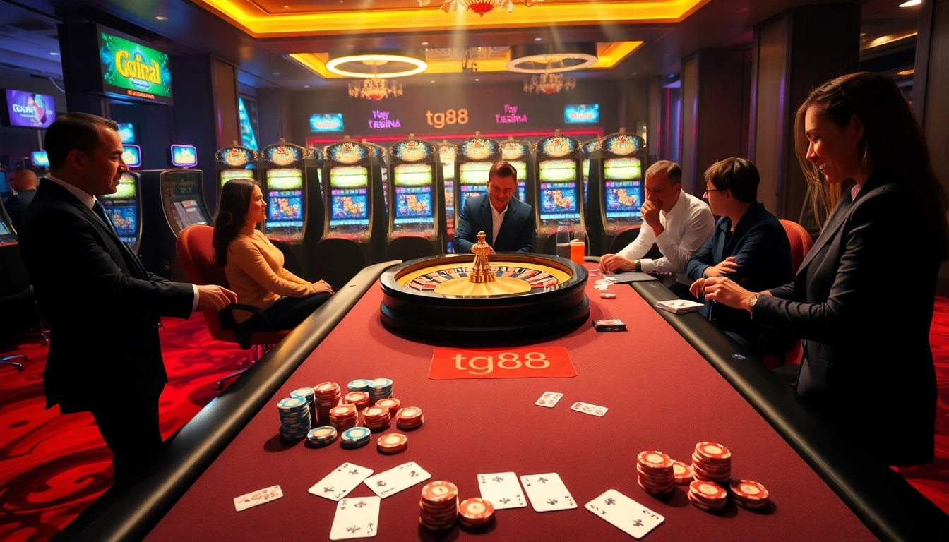Play exciting casino games at tg88, featuring vibrant poker tables and thrilling slot machines.
