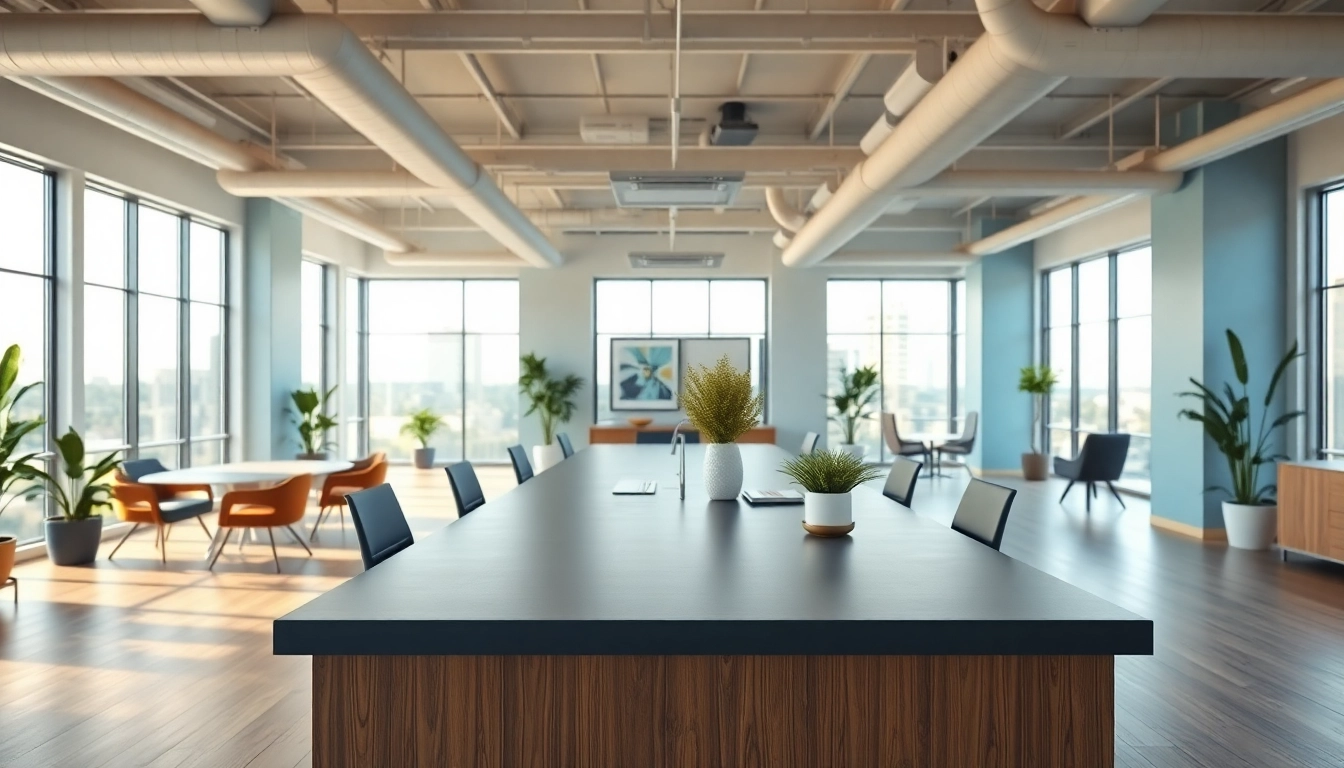Office renovation contractor Austin showcasing a modern workspace with sleek design elements.