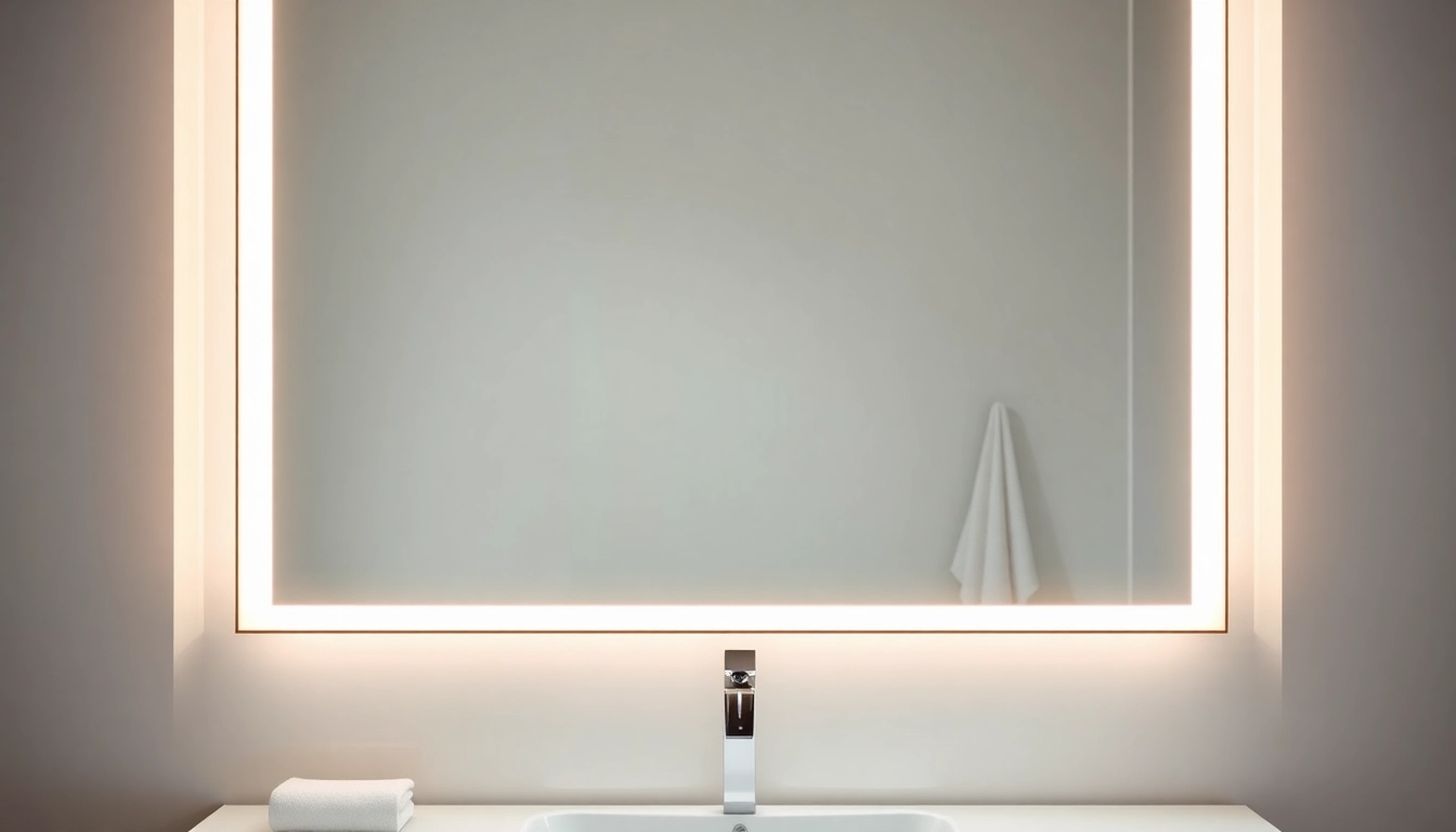 Admire the stunning elegant LED mirror illuminating a modern bathroom space.