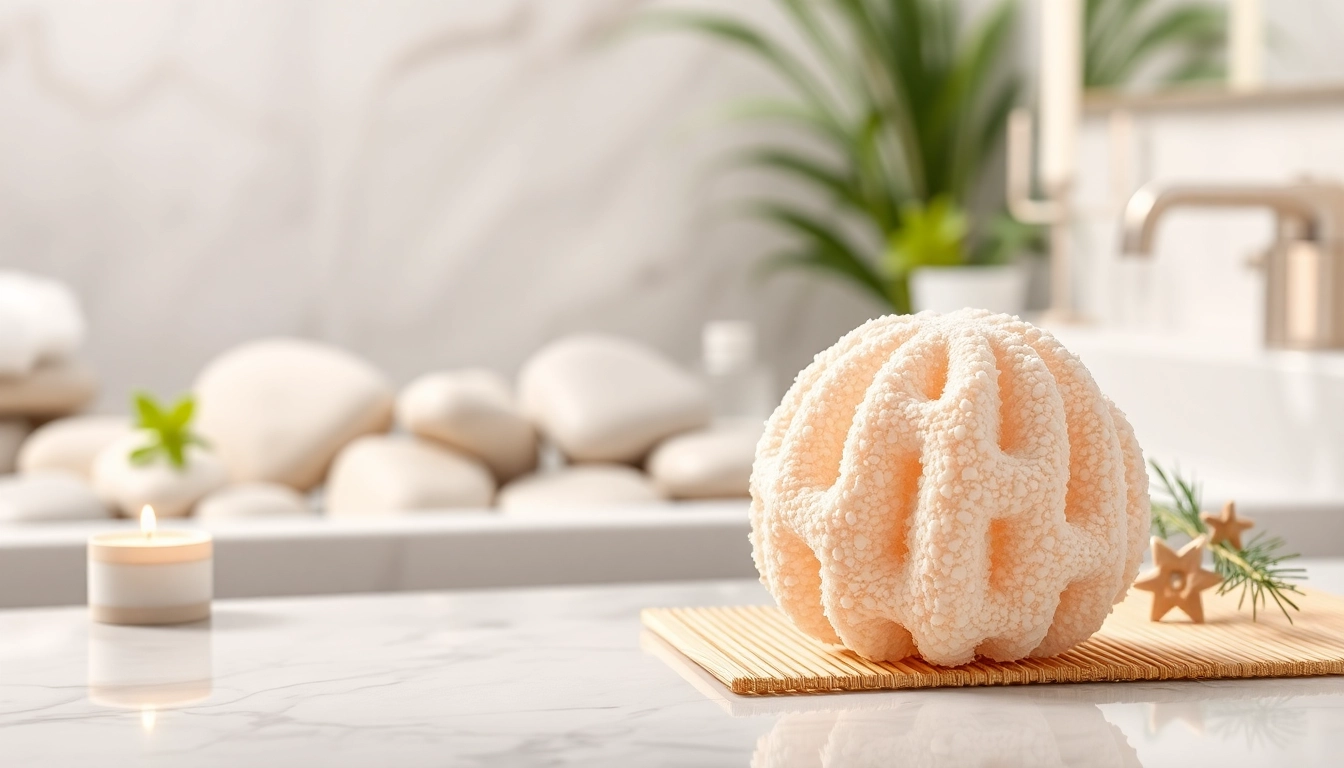 Gently used best silicone loofah on a serene bathroom setting, showcasing its smooth texture.