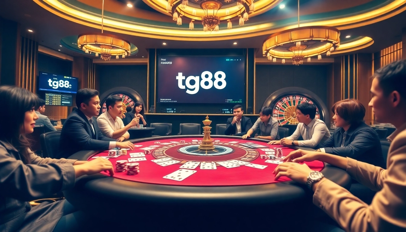 Players engaging in an excited game at the tg88 poker table with vibrant chips and cards.