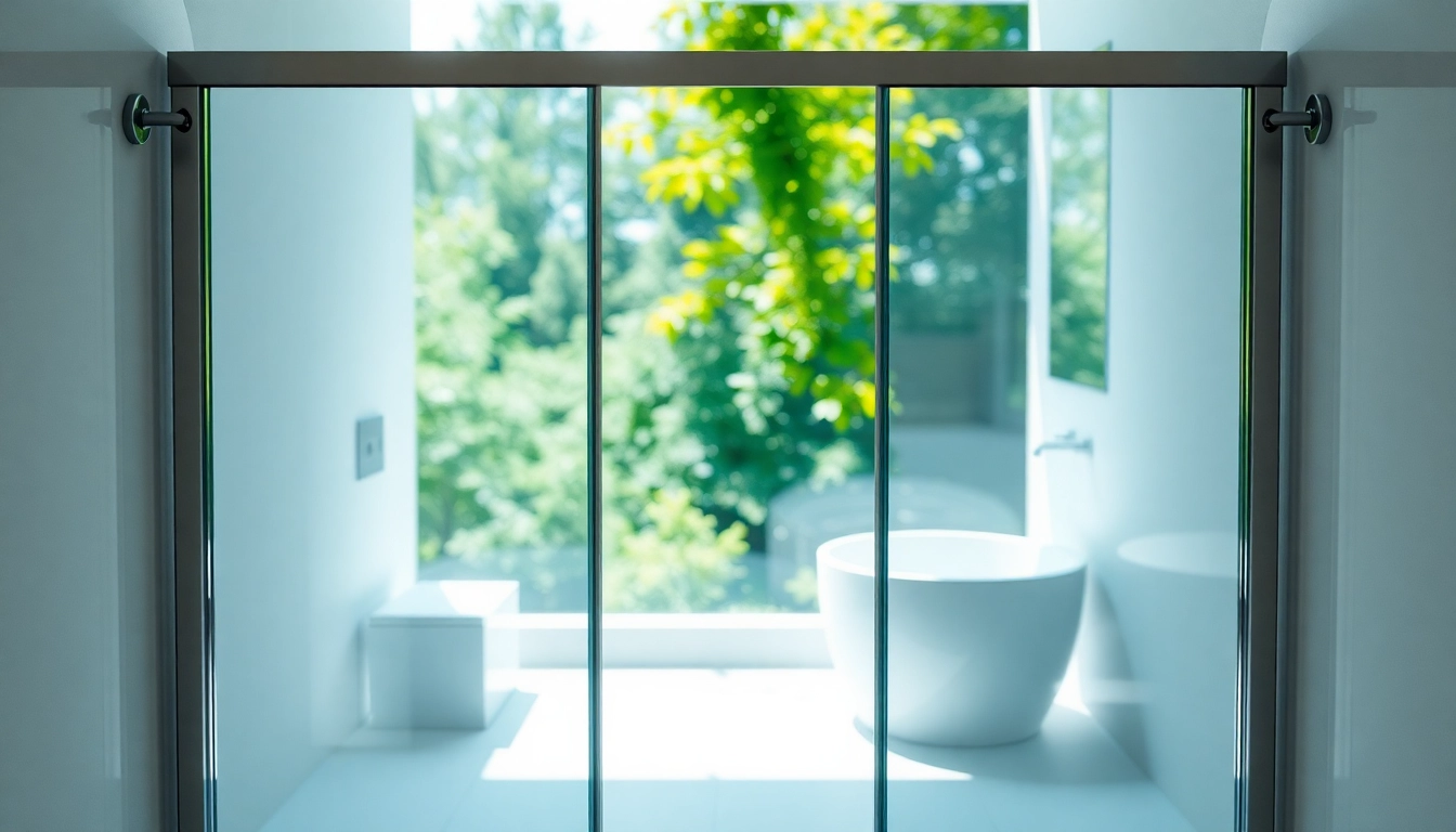 Modern sliding shower doors beautifully enhance a luxurious bathroom space.