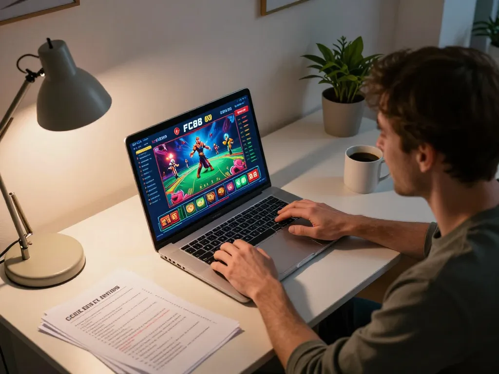 FC88 player engaged in online gaming with vibrant interface and strategic betting notes
