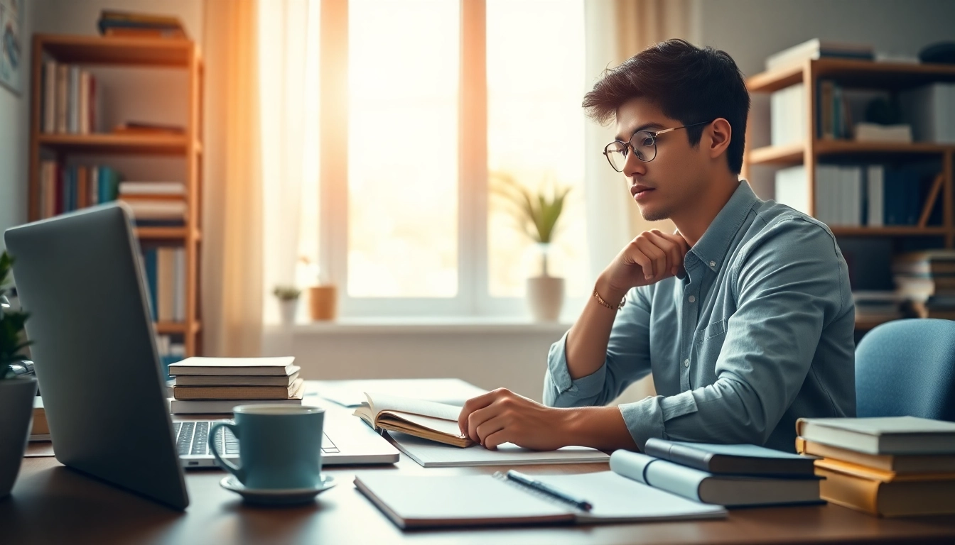 Pay someone to take TOEFL exam with focused student studying in a warm, inviting environment.