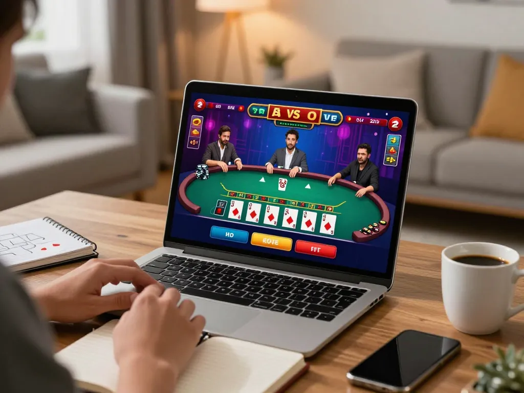 Engaging online blackjack gameplay on a laptop in a cozy home office setting, showcasing strategic decisions for go8.