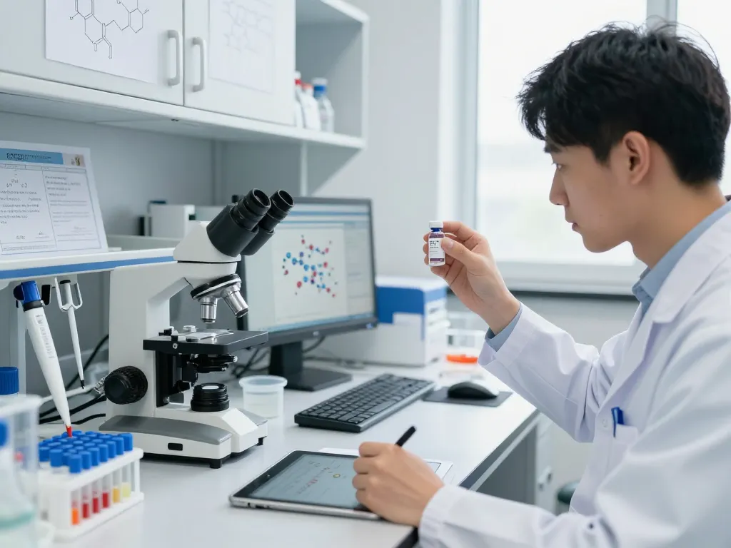 Researcher examining a vial of GLP-3 peptide in a modern lab, showcasing expertise in peptide studies and the process to buy glp3 peptide.