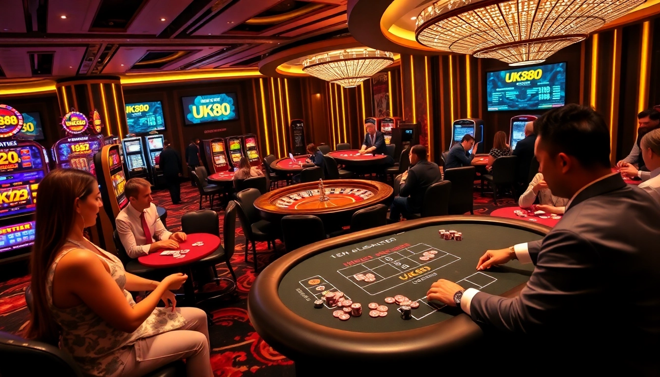 Experience the thrill of UK88 with players engaged in casino games and vibrant slot machines.